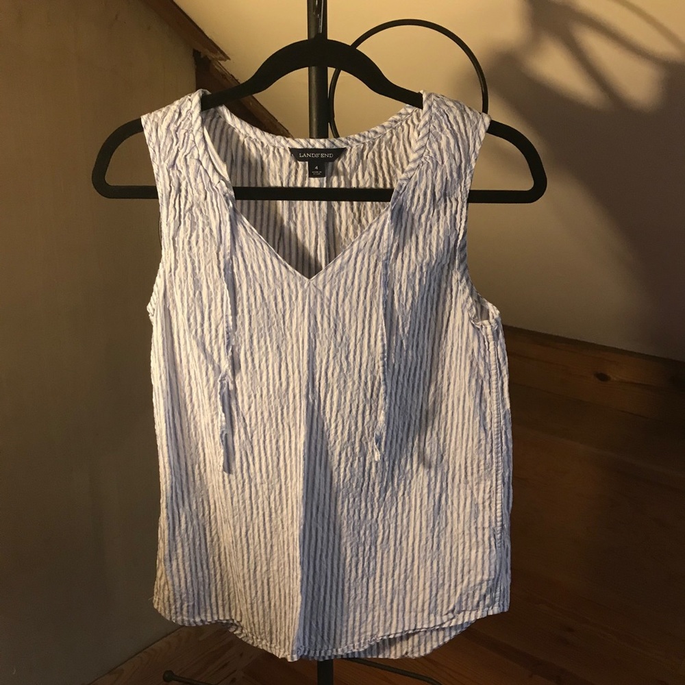 Lands’ End Blue White Seersucker Tank Top, EUC, 4